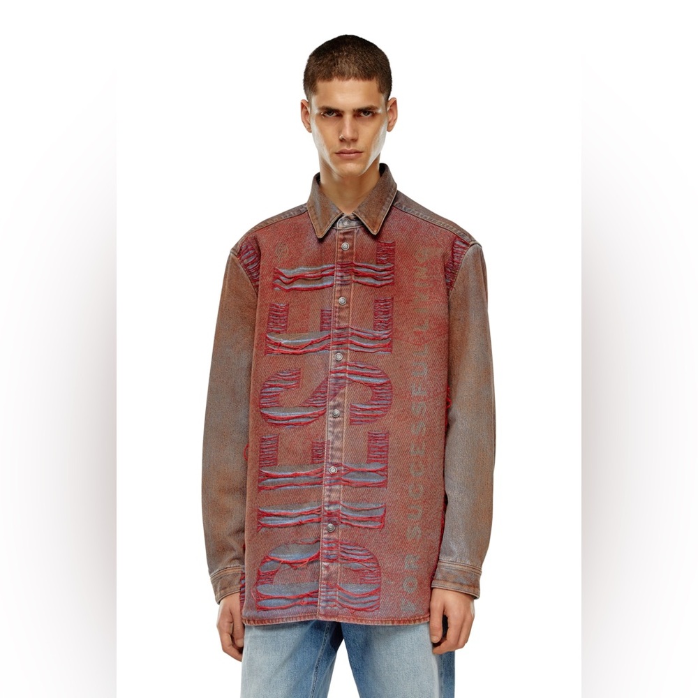 DIESEL D Simply Over Shirt Jacket Red Blue Denim Shacket Distressed Small Unidex
